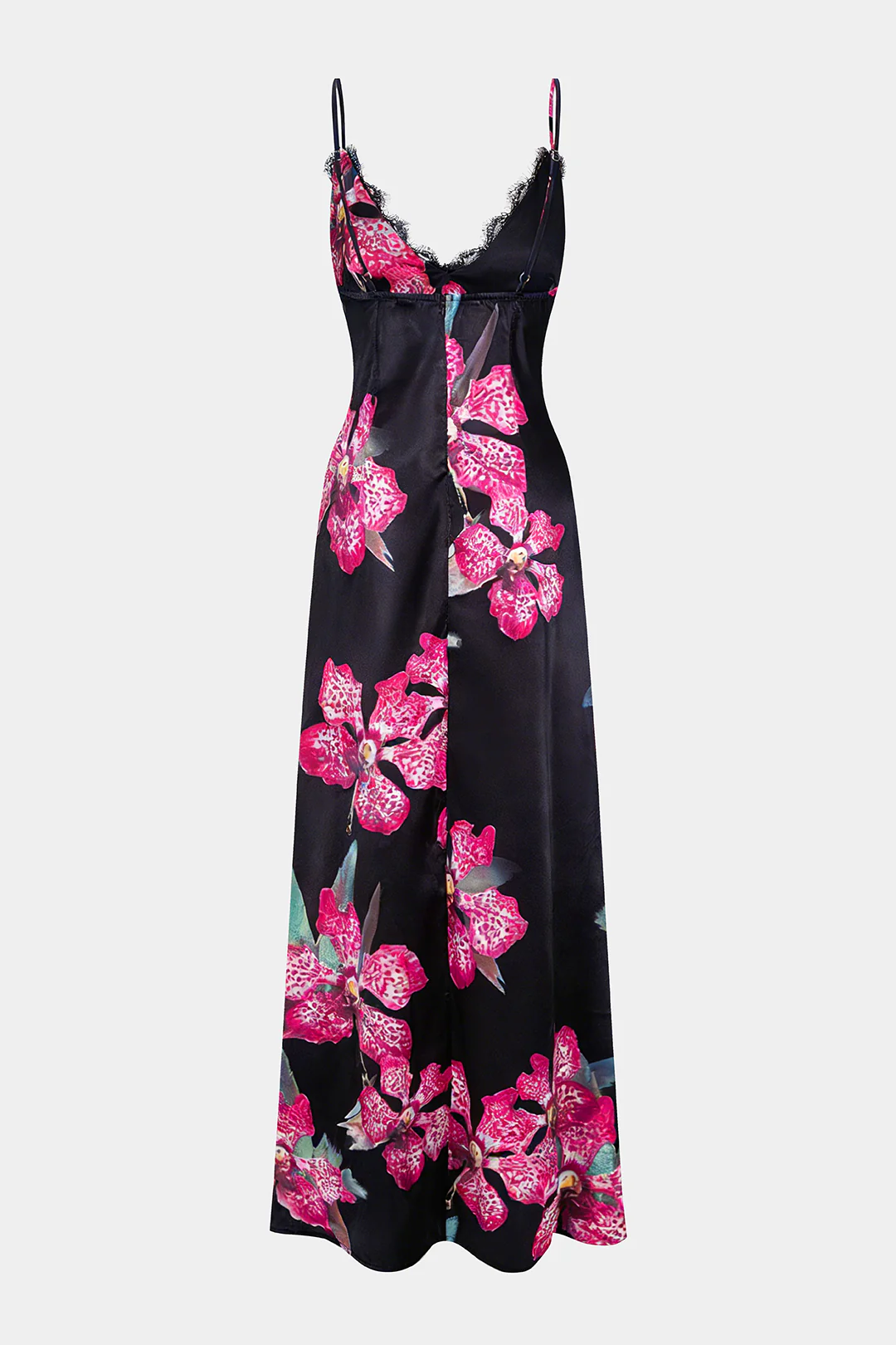 Floral Print Satin Patchwork Lce Trim V-Neck Slip Sleeveless Maxi Dress - Image 3
