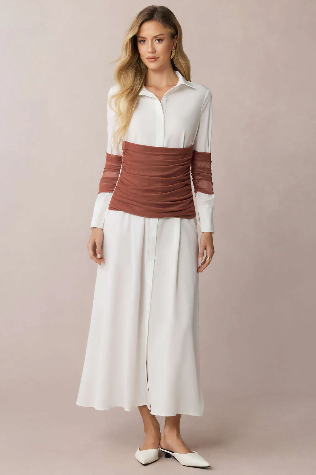 Patchwork Mesh Ruched Lapel Long Sleeve Midi Dress
