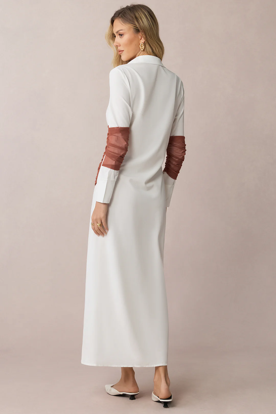 Patchwork Mesh Ruched Lapel Long Sleeve Midi Dress - Image 2