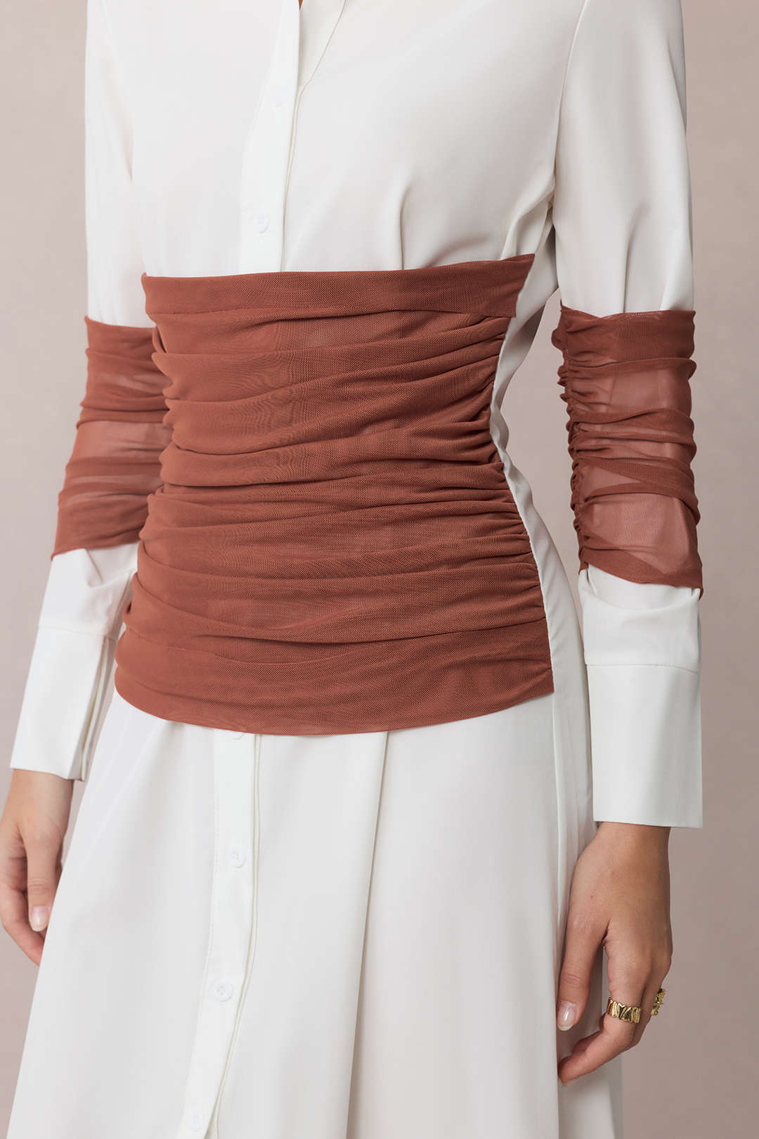 Patchwork Mesh Ruched Lapel Long Sleeve Midi Dress - Image 3