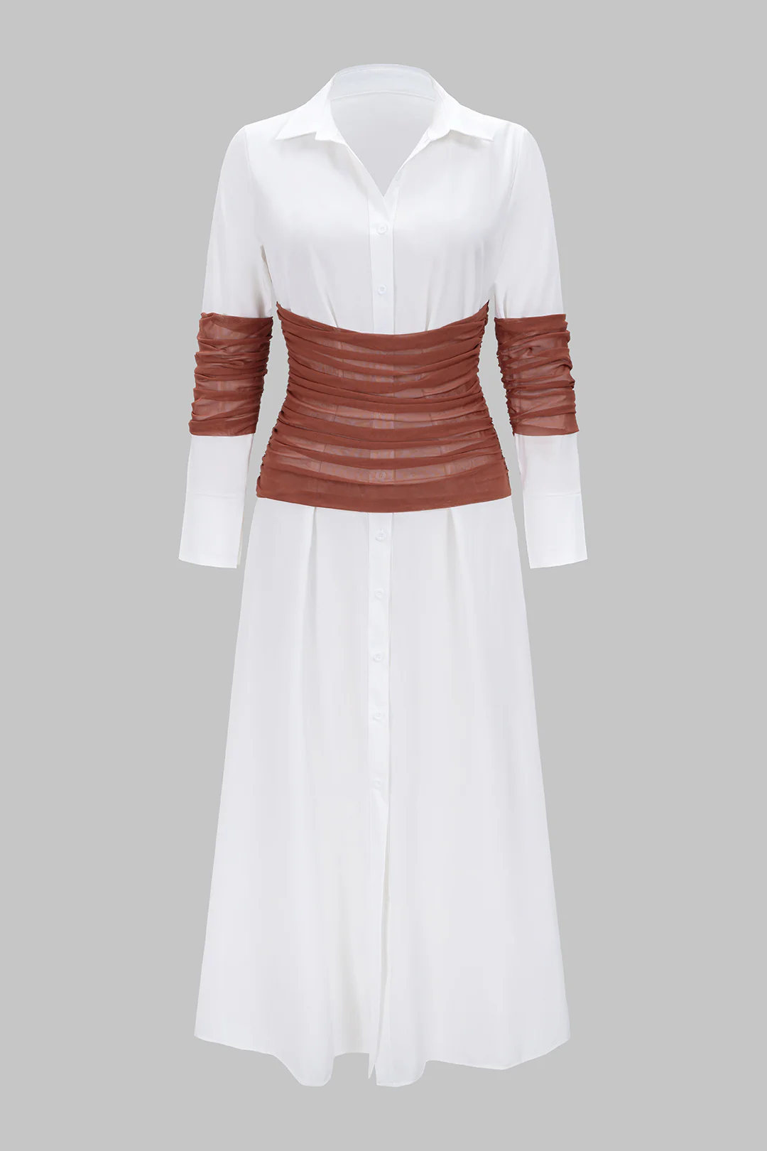 Patchwork Mesh Ruched Lapel Long Sleeve Midi Dress - Image 4