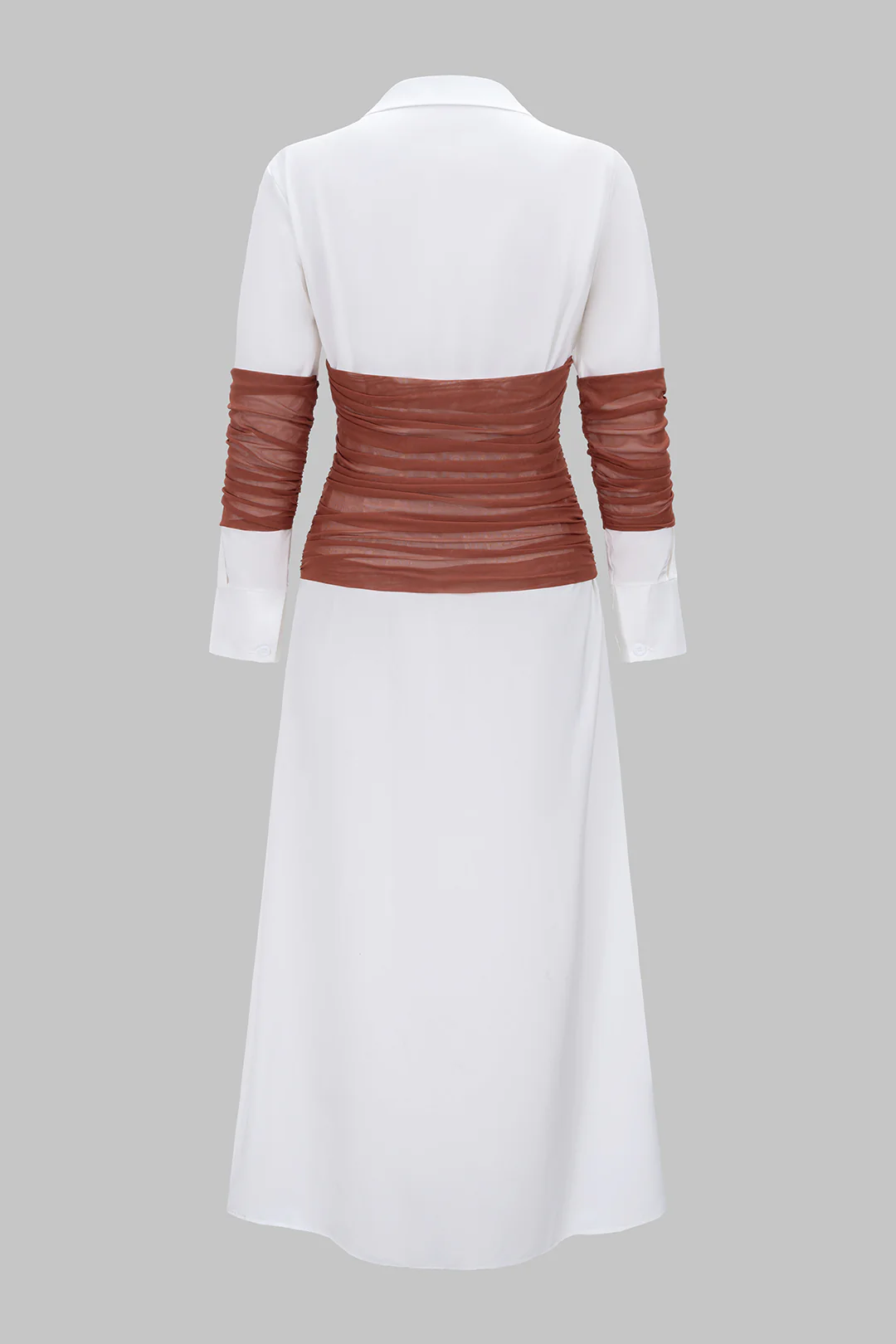 Patchwork Mesh Ruched Lapel Long Sleeve Midi Dress - Image 5