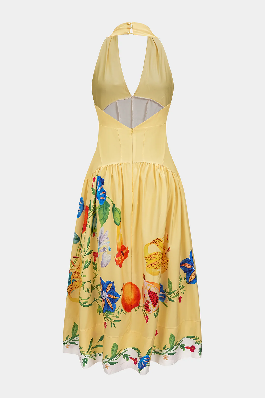 Floral Print Linen Patchwork Halter V-Neck Backless Sleeveless Maxi Dress - Image 2