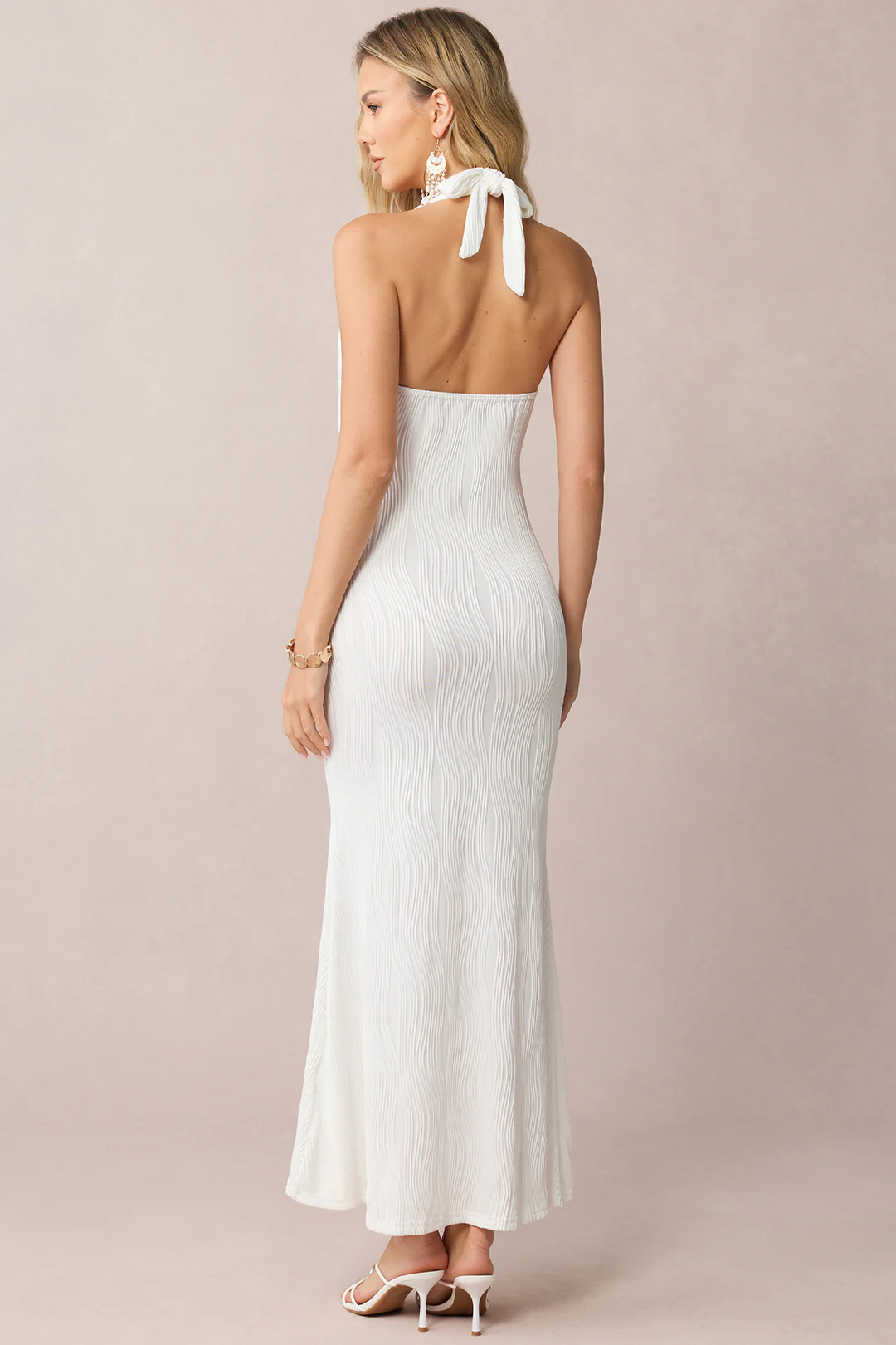 Halter Neck Tie Back Backless Metallic Decor Sleeveless Maxi Dress - Image 2