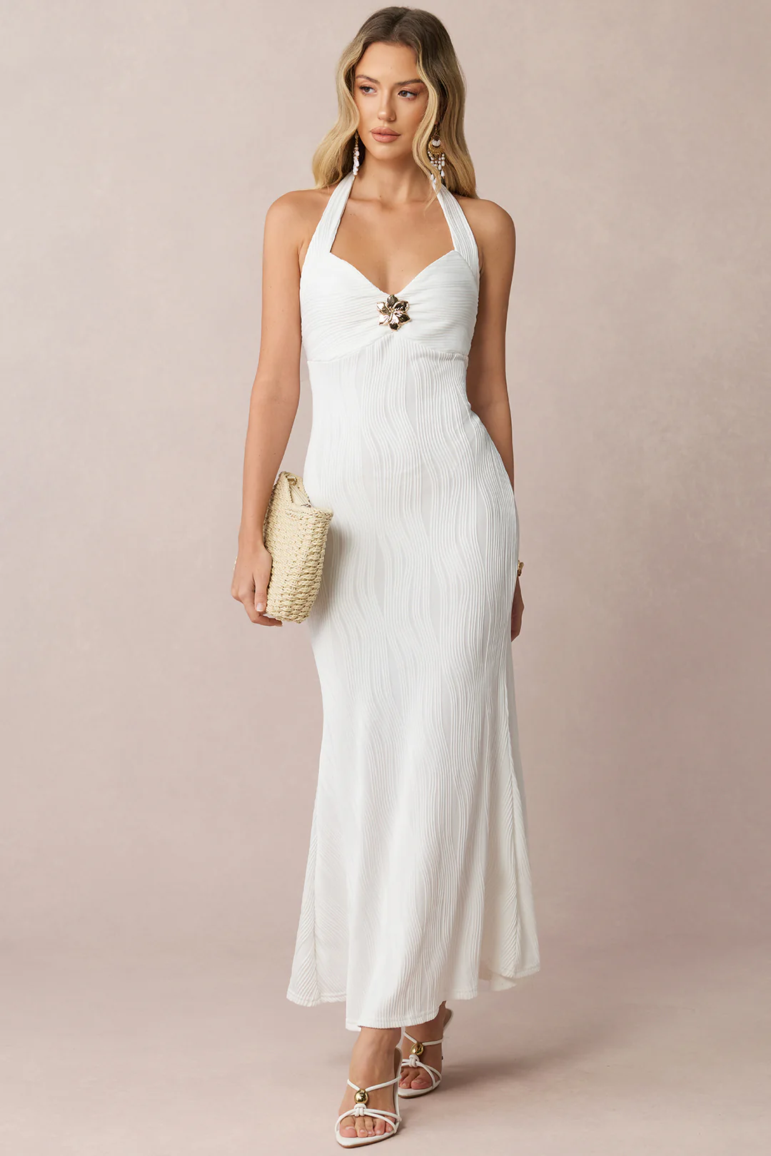 Halter Neck Tie Back Backless Metallic Decor Sleeveless Maxi Dress - Image 3