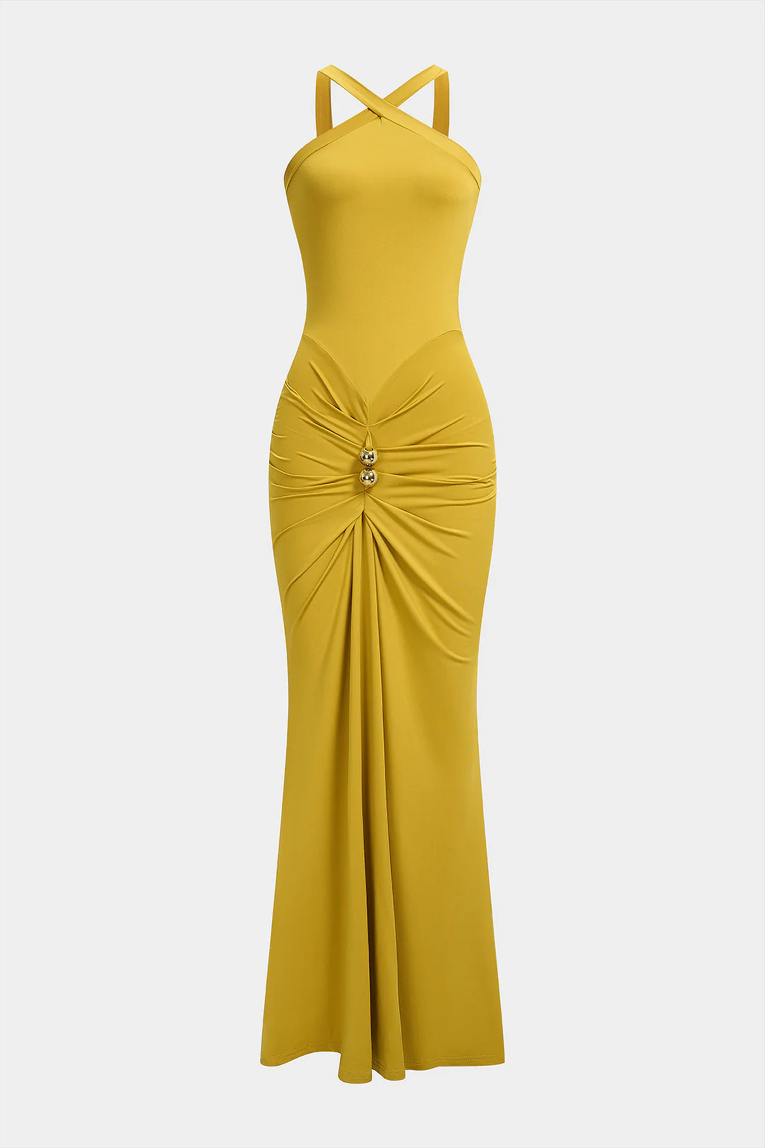 Solid Crossed Ruched Sleeveless Maxi Dress