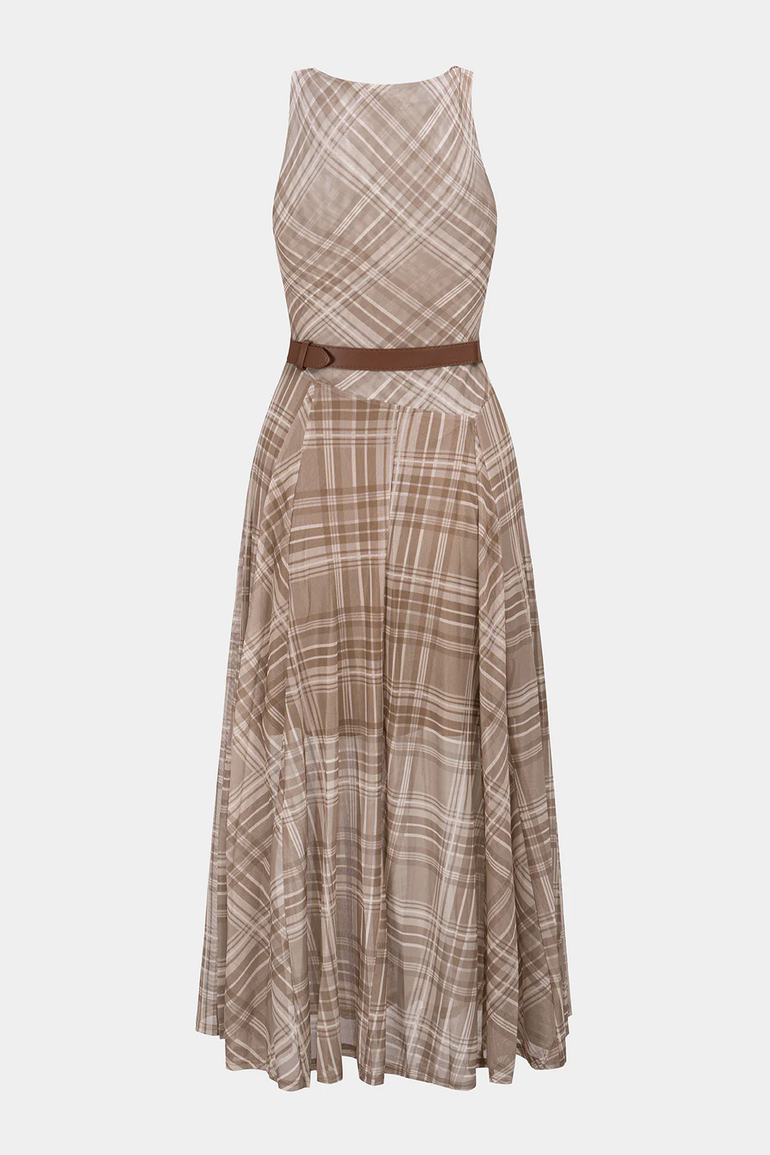 Plaid Print Mesh Twist Knot Round Neck Belted Sleeveless Midi Dress - Image 2