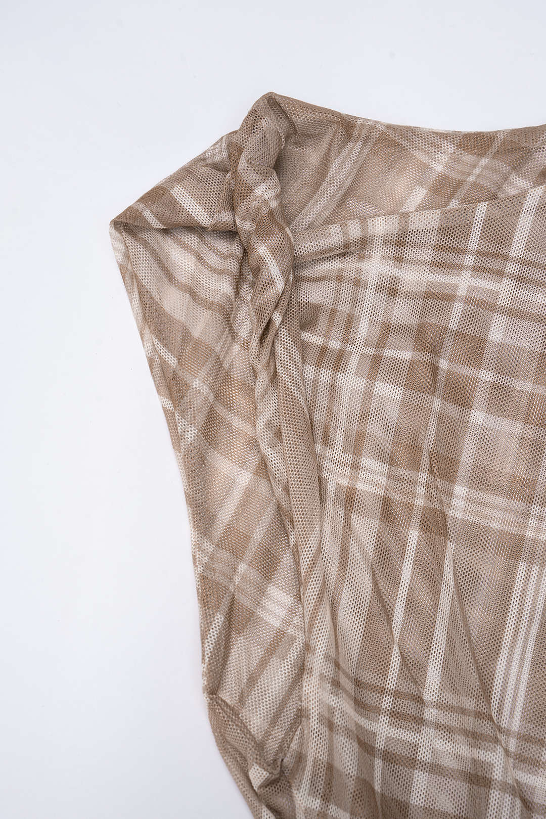 Plaid Print Mesh Twist Knot Round Neck Belted Sleeveless Midi Dress - Image 4