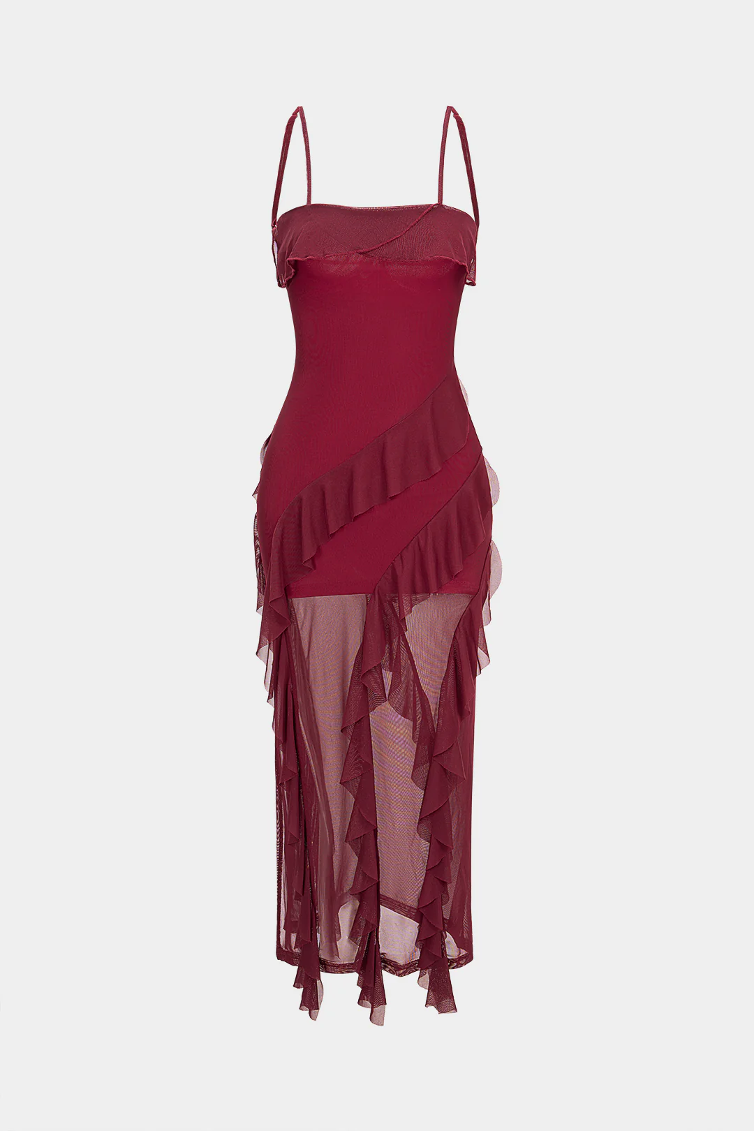 Mesh Patchwork Asymmetrical Ruffle Tie Back Sleeveless Maxi Dress