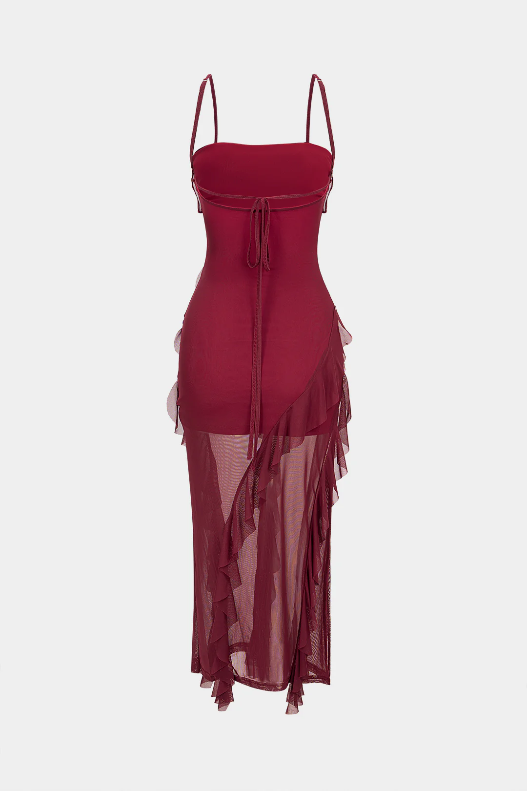 Mesh Patchwork Asymmetrical Ruffle Tie Back Sleeveless Maxi Dress - Image 2