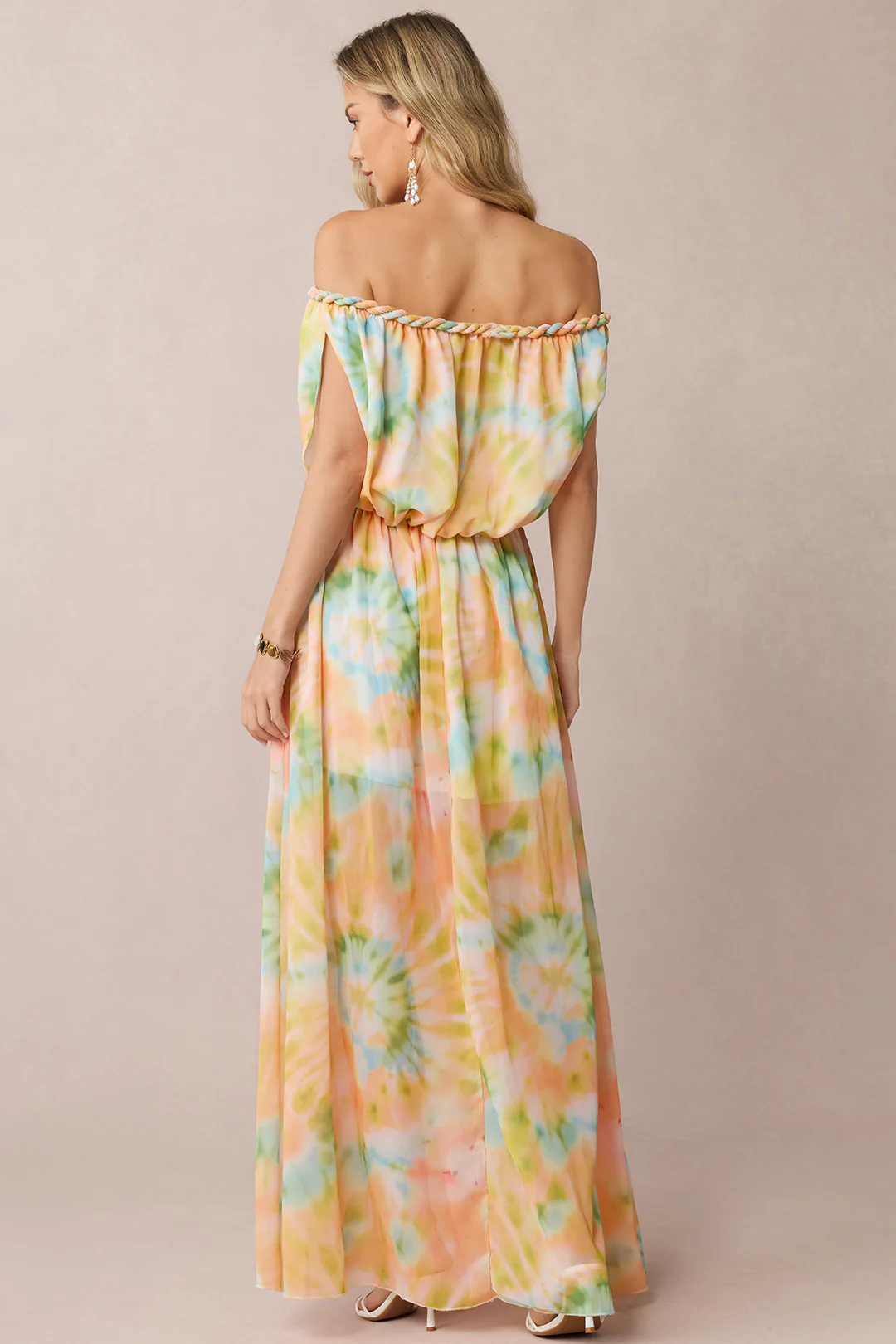 Tie Dye Print Chiffon Off Shoulder Twist Knot Ruched Sleeveless Maxi Dress - Image 3