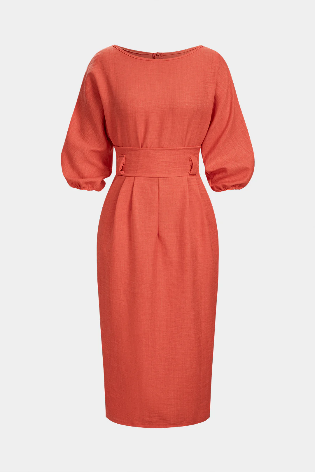 Solid Round Neck Pocket Zipper Long Sleeve Midi Dress