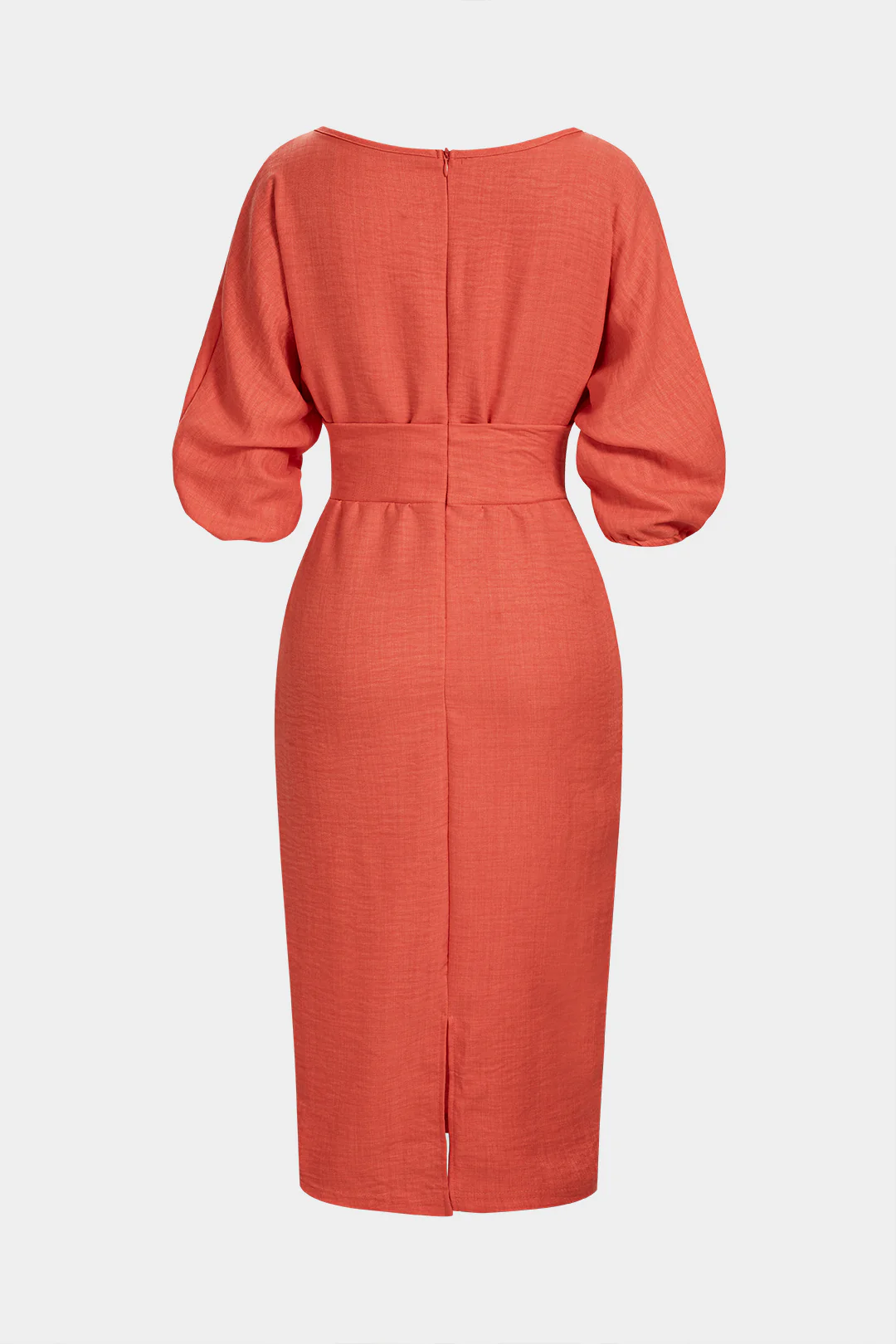 Solid Round Neck Pocket Zipper Long Sleeve Midi Dress - Image 2