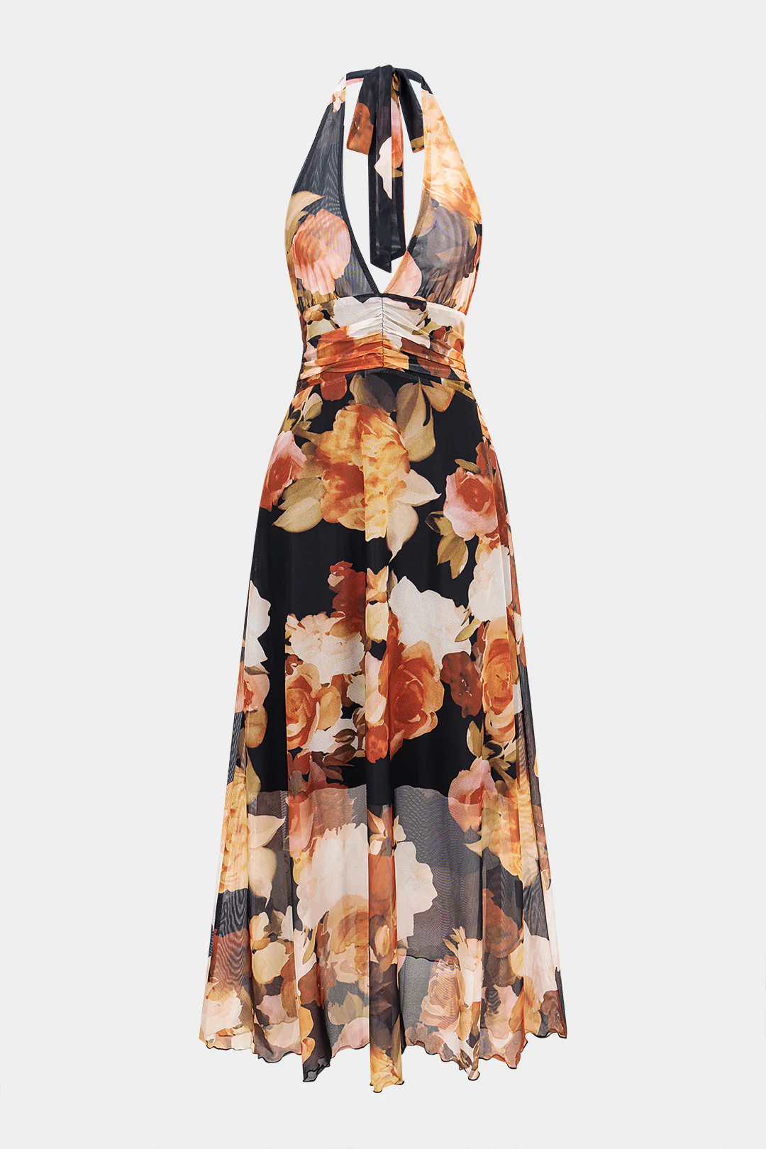 Floral Print Mesh Halter V-Neck Tie Back Backless Sleeveless Maxi Dress