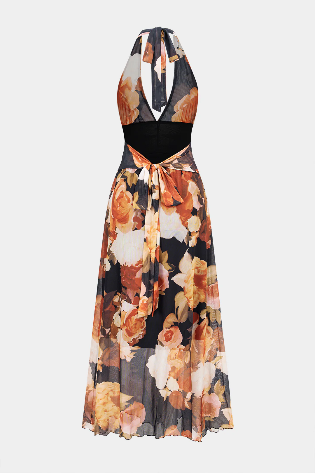 Floral Print Mesh Halter V-Neck Tie Back Backless Sleeveless Maxi Dress - Image 2