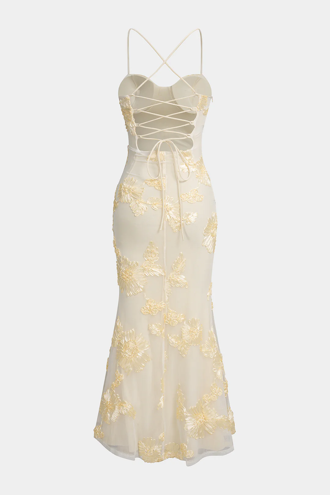 Floral Embroidery Mesh Patchwork Bustier Crossed Tie-Up Backless Sleeveless Maxi Dress - Image 2