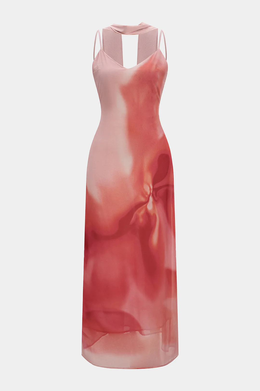 Ombre Print Chiffon V-Neck Slip Sleeveless Midi Dress With Scraf