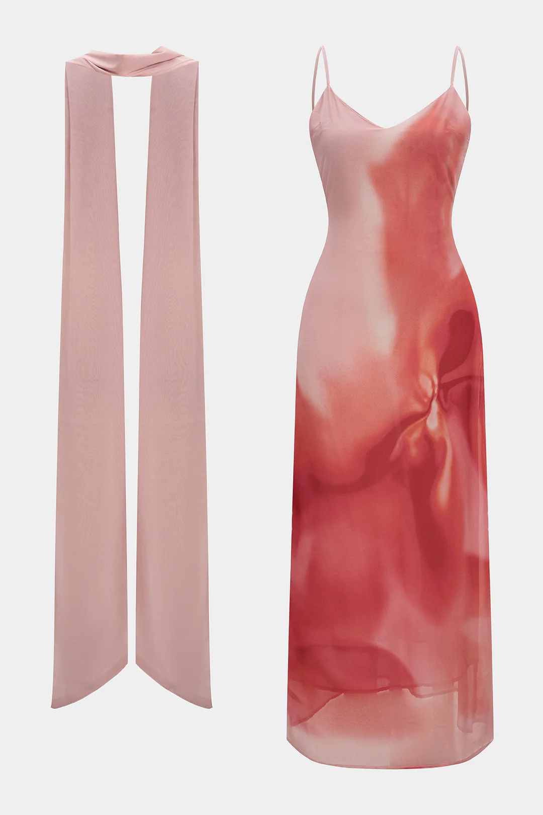 Ombre Print Chiffon V-Neck Slip Sleeveless Midi Dress With Scraf - Image 2