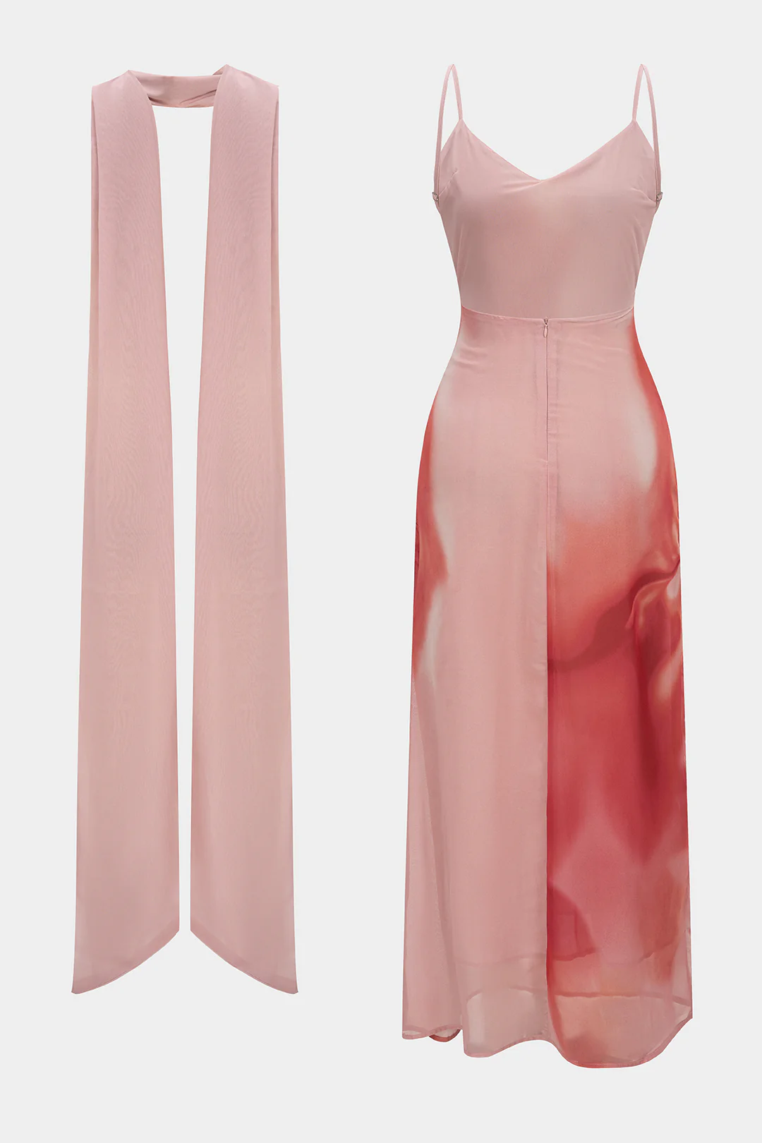 Ombre Print Chiffon V-Neck Slip Sleeveless Midi Dress With Scraf - Image 3