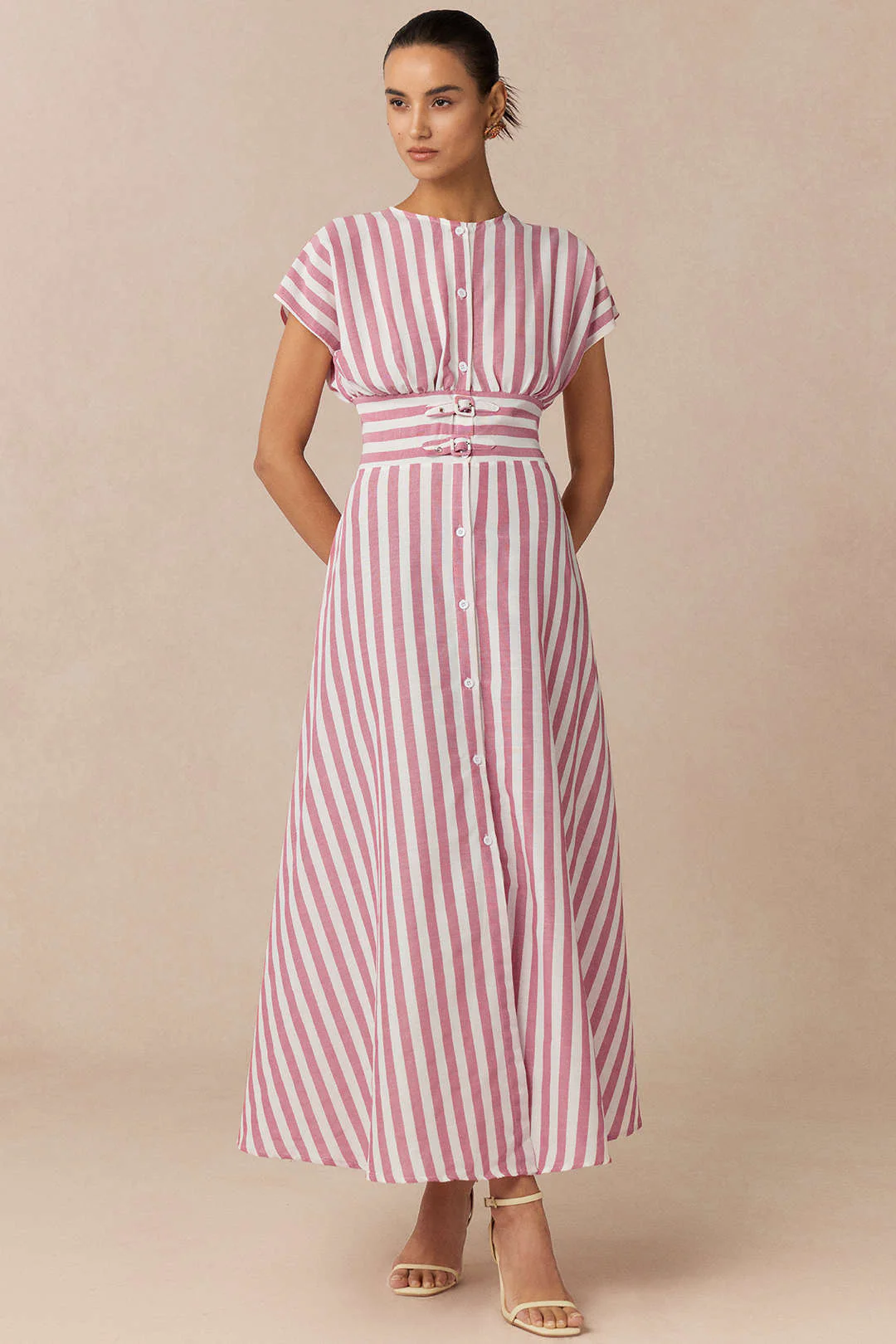 Stripes Print Round Neck Button Flutter Sleeve Dress