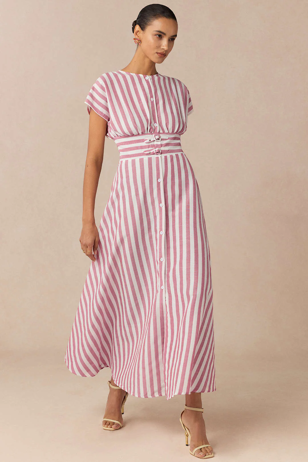 Stripes Print Round Neck Button Flutter Sleeve Dress - Image 2