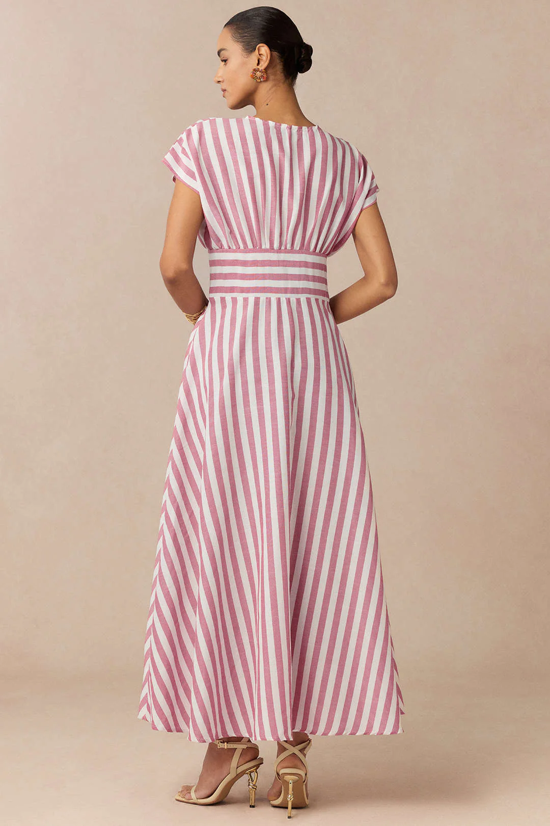 Stripes Print Round Neck Button Flutter Sleeve Dress - Image 4