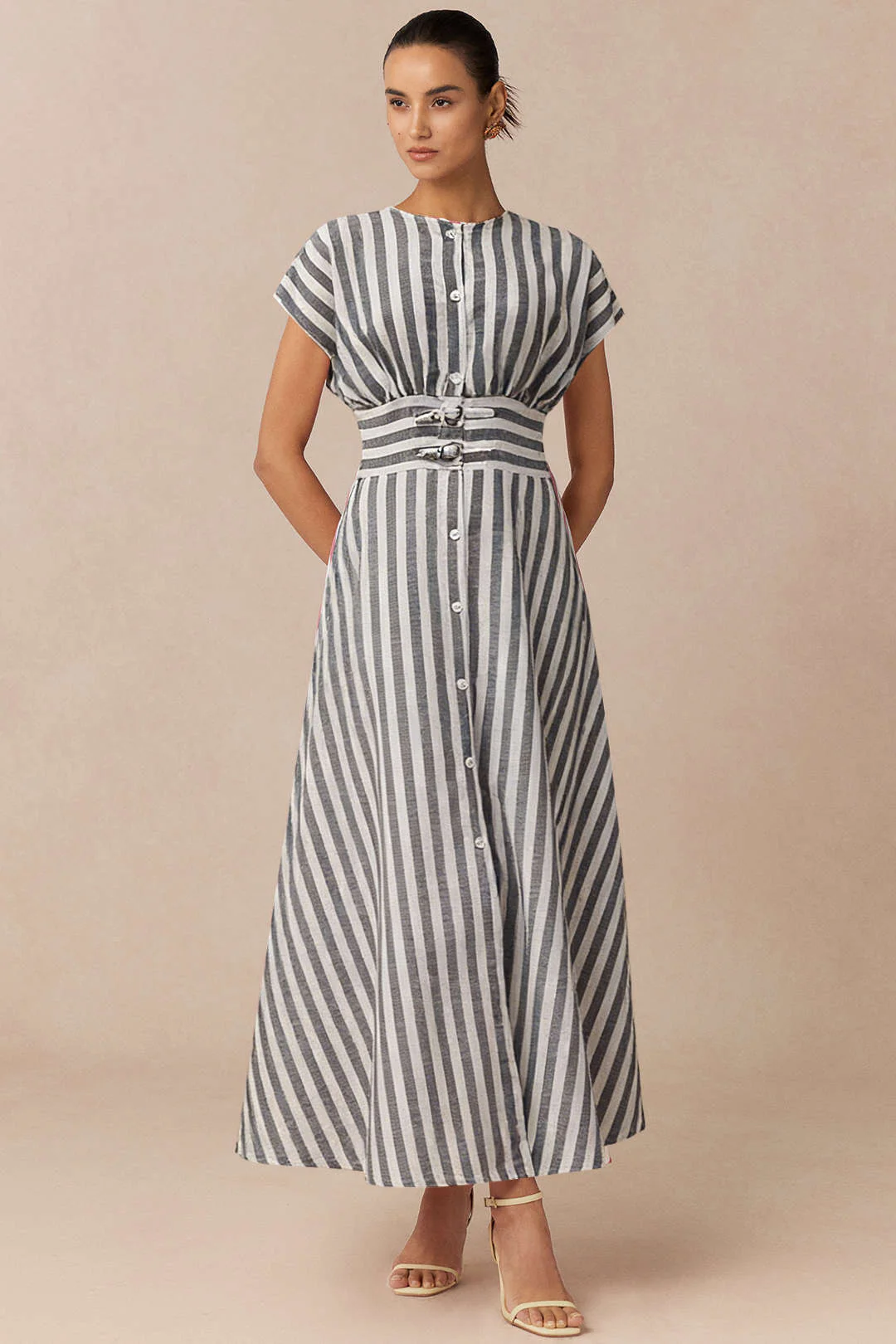 Stripes Print Round Neck Button Flutter Sleeve Dress - Image 5