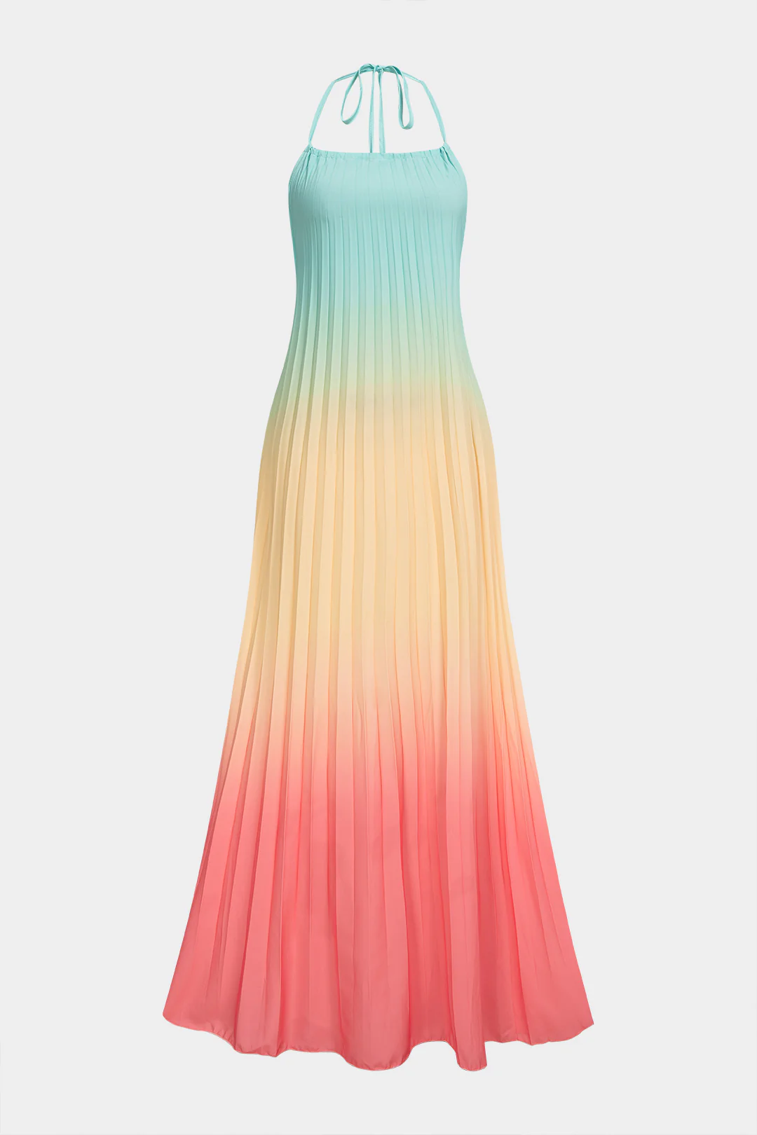 Ombre Print Halter Tie Back Backless Pleated Sleeveless Maxi Dress