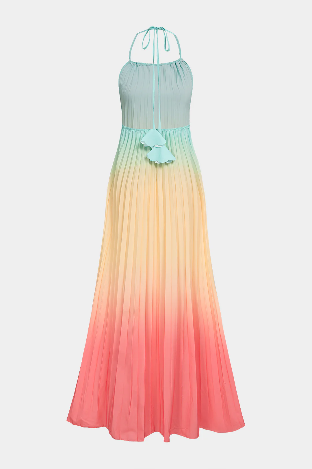Ombre Print Halter Tie Back Backless Pleated Sleeveless Maxi Dress - Image 2