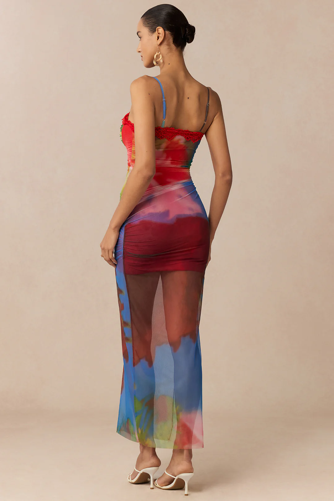 Multicolor Abstract Print Mesh Patchwork Lace Trim Asymmetrical Ruched Sleeveless Maxi Dress - Image 2