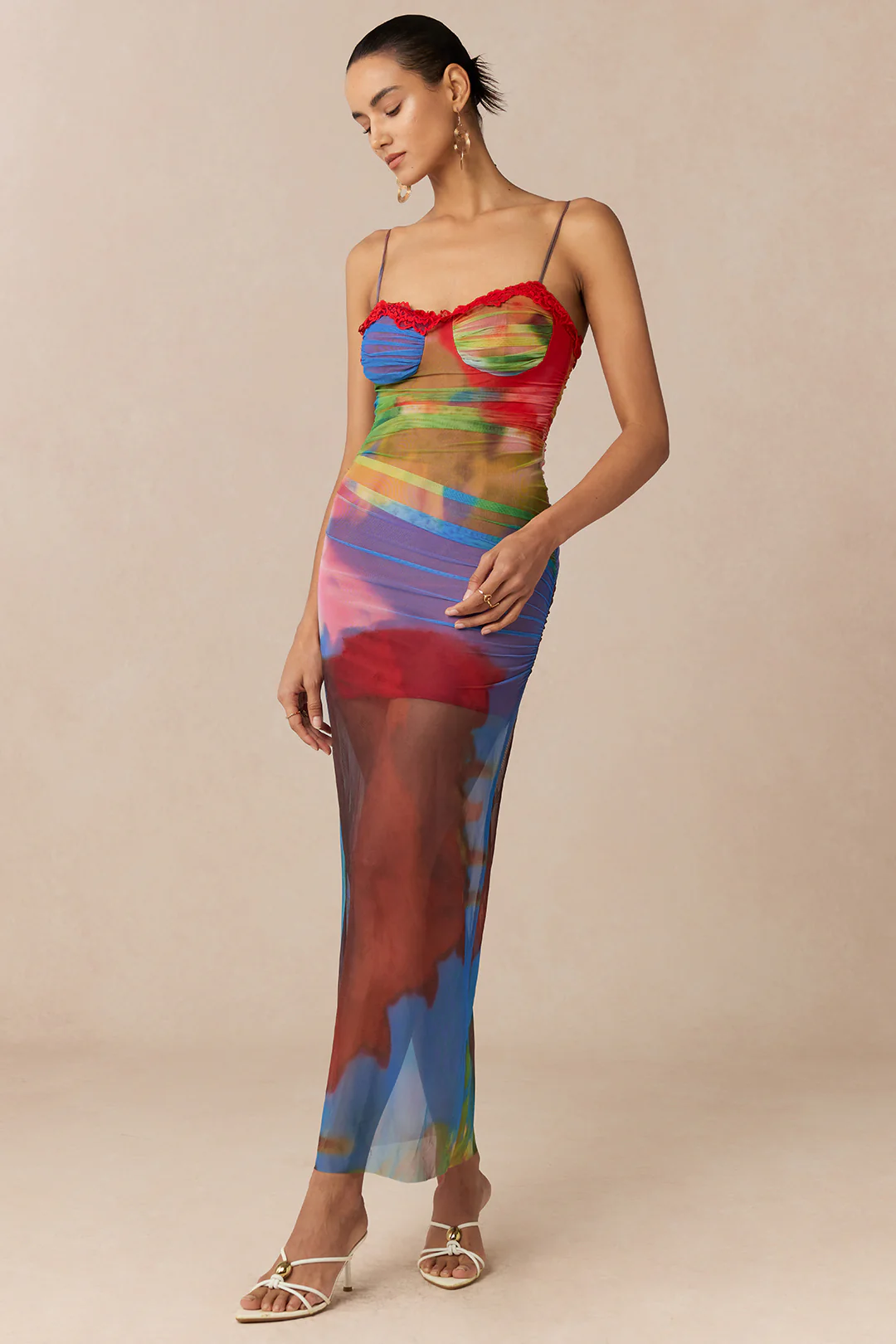 Multicolor Abstract Print Mesh Patchwork Lace Trim Asymmetrical Ruched Sleeveless Maxi Dress - Image 3