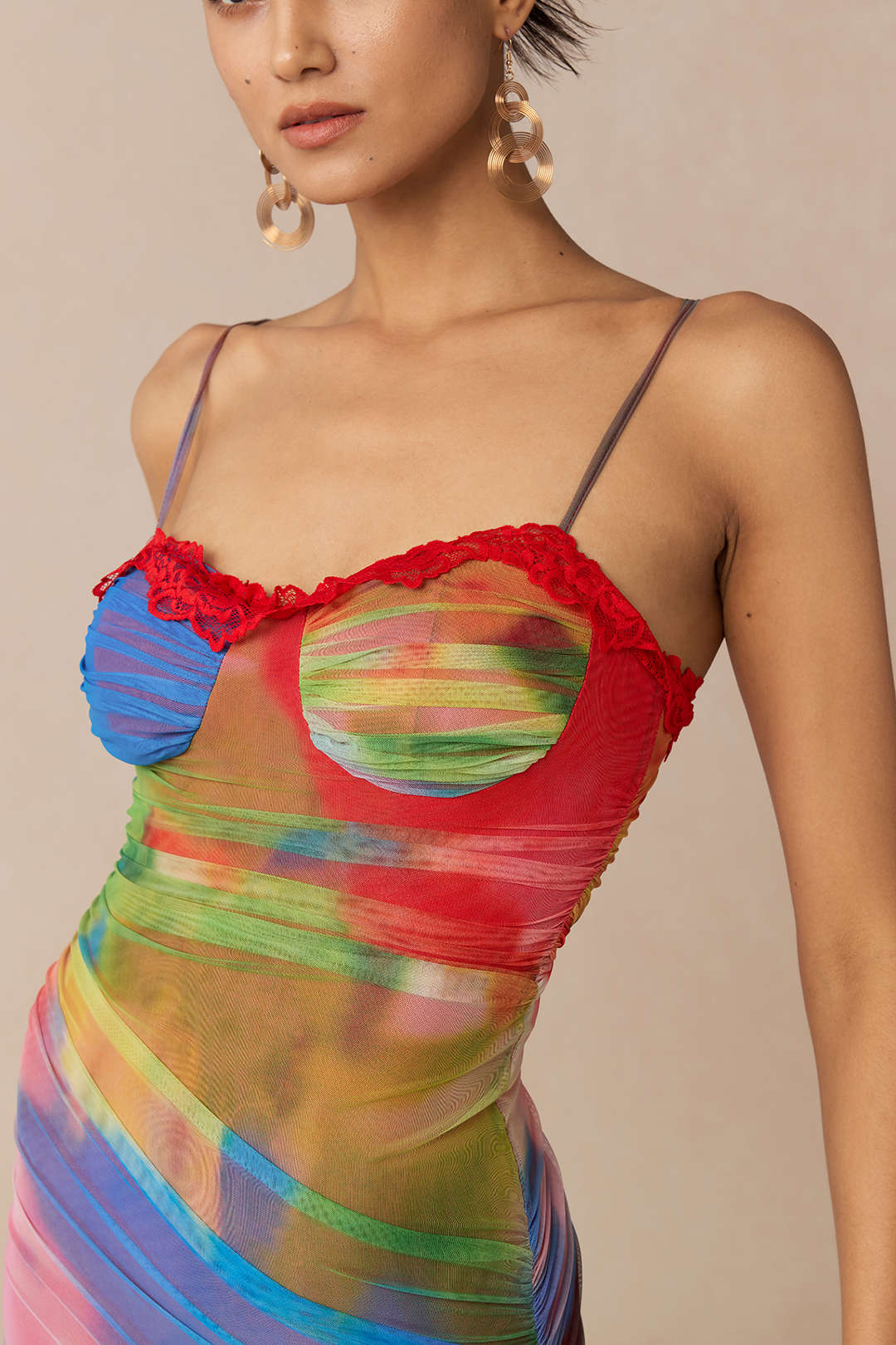 Multicolor Abstract Print Mesh Patchwork Lace Trim Asymmetrical Ruched Sleeveless Maxi Dress - Image 4
