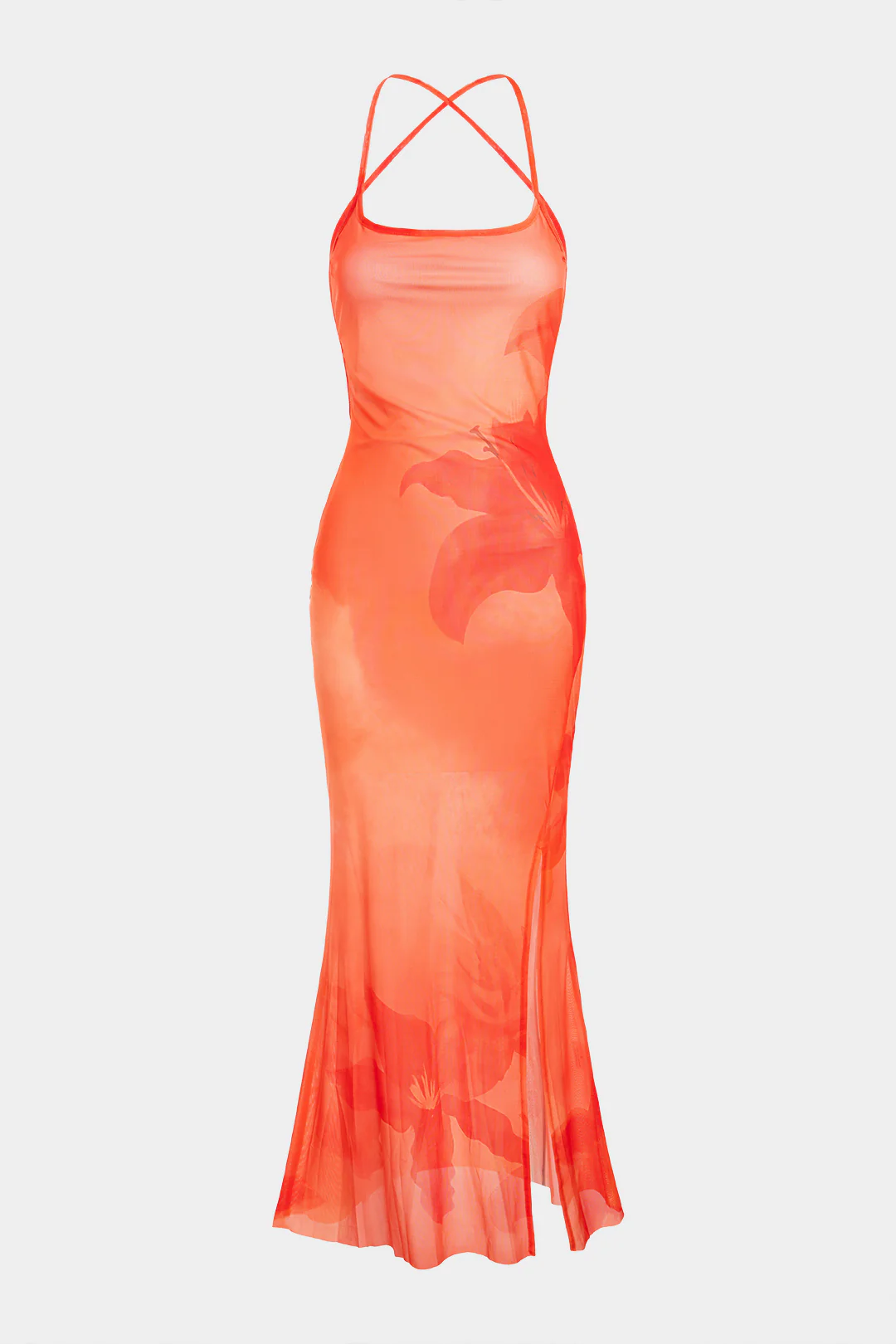 Floral Print Mesh Crossed Tie-Up Backless Slip Sleeveless Maxi Dress