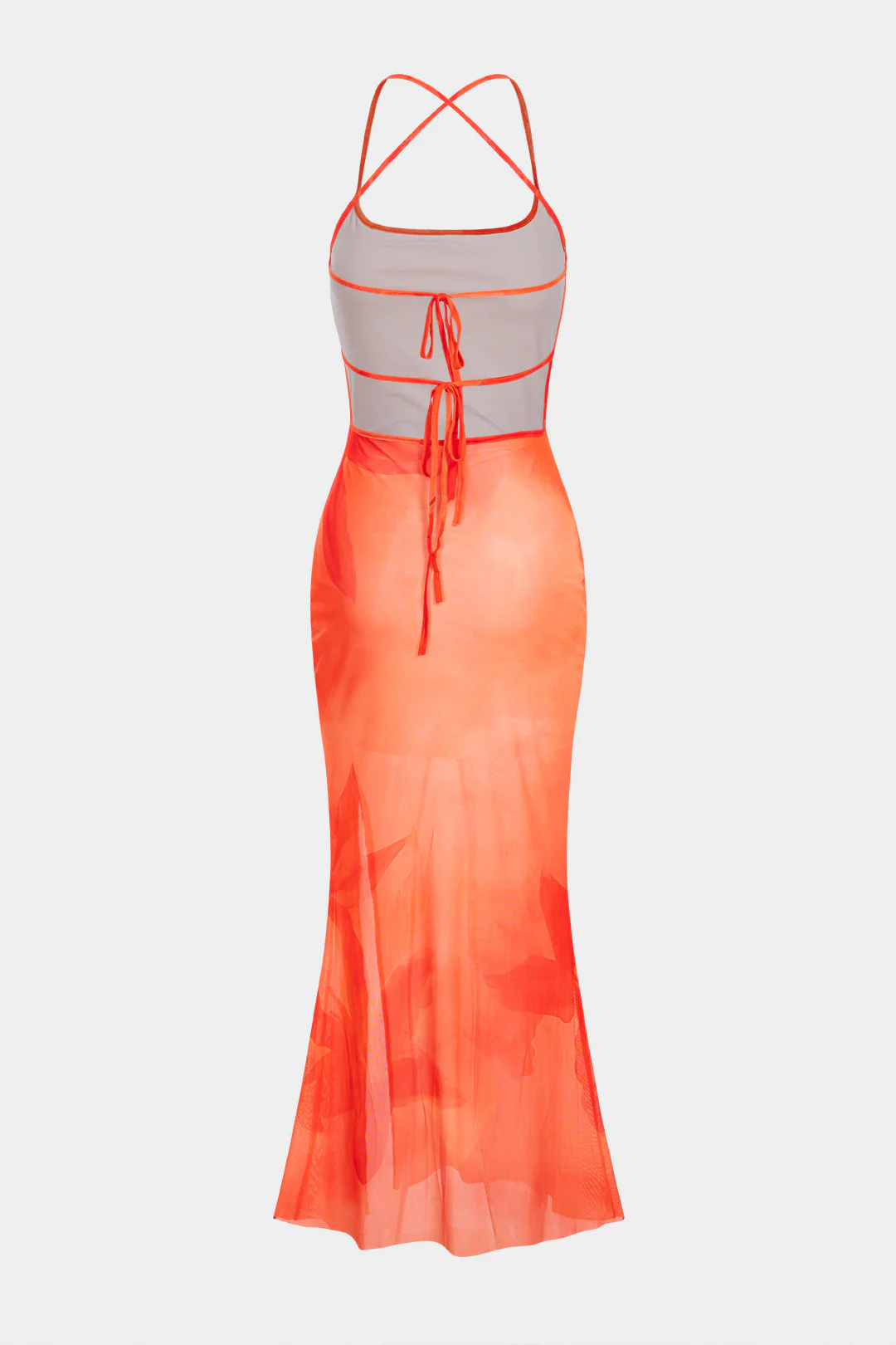 Floral Print Mesh Crossed Tie-Up Backless Slip Sleeveless Maxi Dress - Image 2