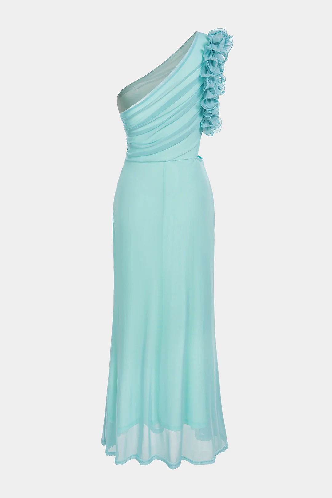 Mesh Patchwork One Shoulder Cut Out Asymmetrical Ruched Sleeveless Midi Dress - Image 2