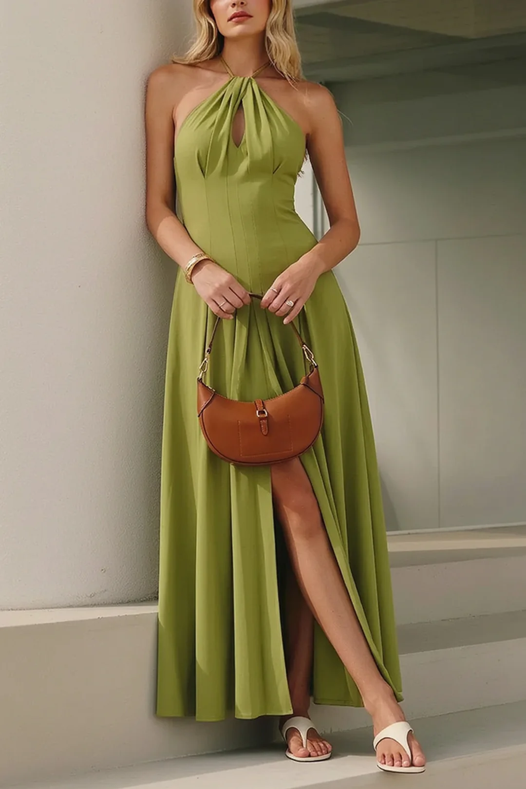 Halter Neck Cut Out Tie-Up Backless Sleeveless Maxi Dress