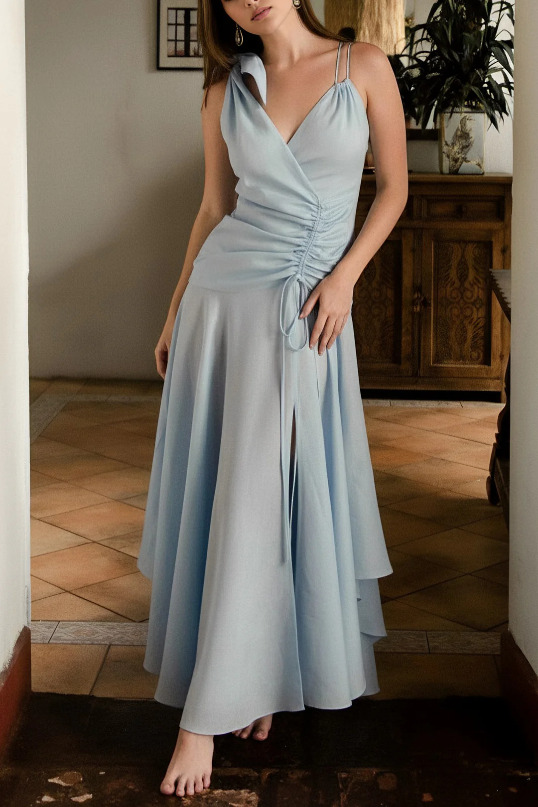 V-Neck Drawstring Asymmetrical Ruched Tie-Up Maxi Dress