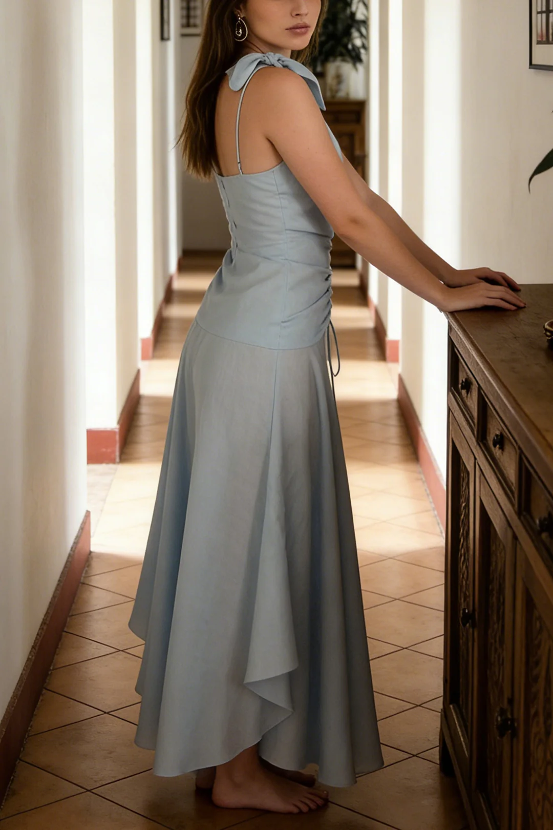 V-Neck Drawstring Asymmetrical Ruched Tie-Up Maxi Dress - Image 4