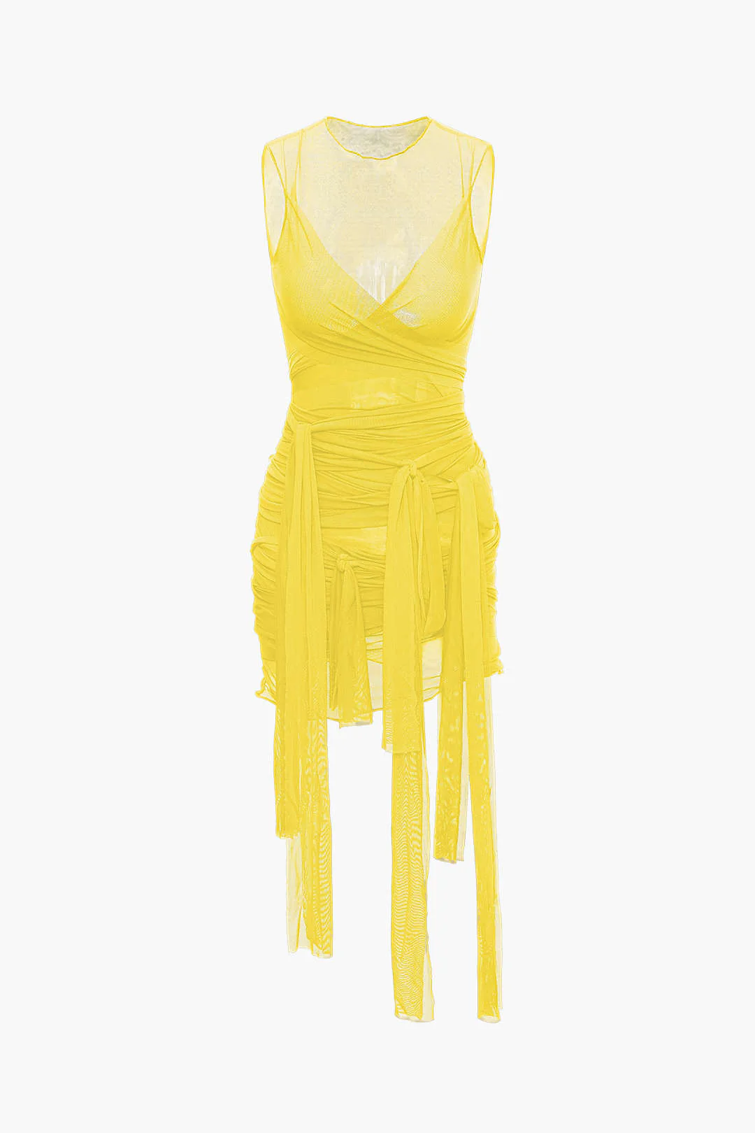 Sheer Mesh Wrap Tie Ribbon Mini Dress - Image 10