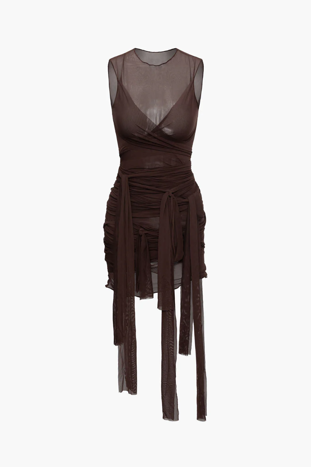 Sheer Mesh Wrap Tie Ribbon Mini Dress - Image 6
