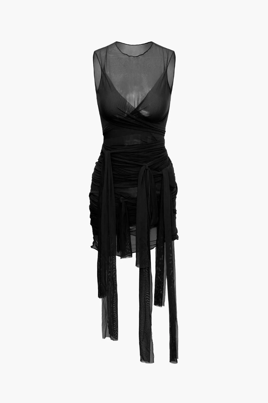 Sheer Mesh Wrap Tie Ribbon Mini Dress - Image 8