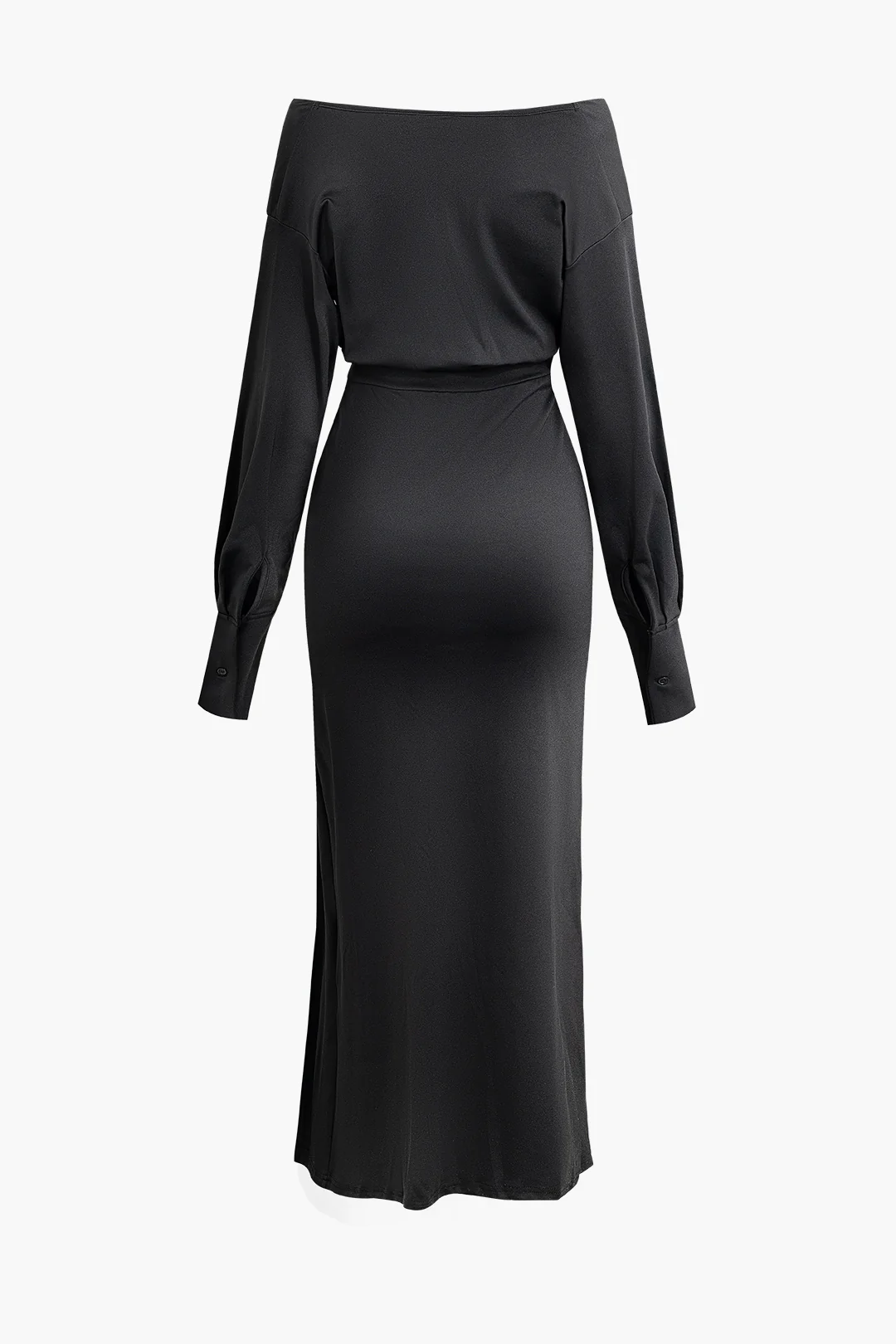 Satin Pleated V-Neck Asymmetrical Side Slit Long Sleeve Midi Dress - Image 2