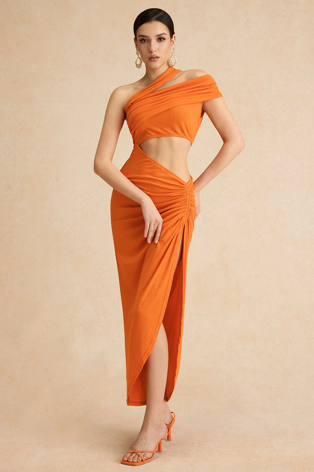 Ruched Asymmetrical Cut Out Slit Midi Dress - Image 4