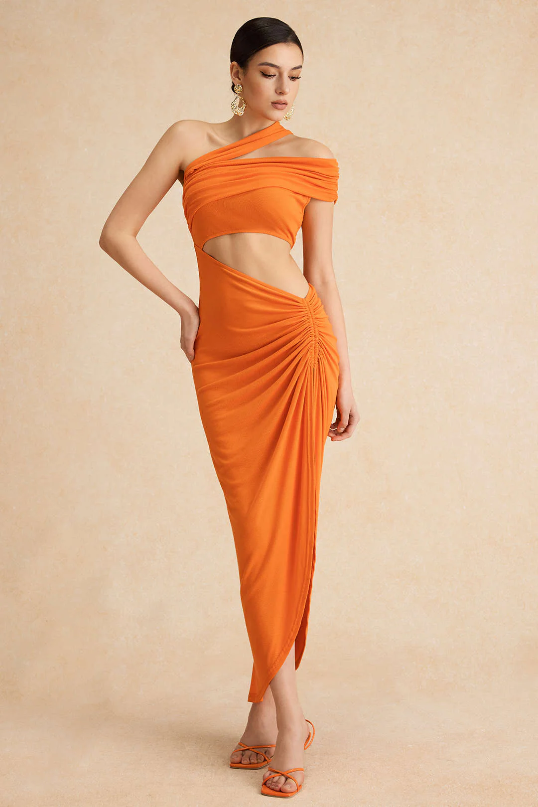 Ruched Asymmetrical Cut Out Slit Midi Dress - Image 5