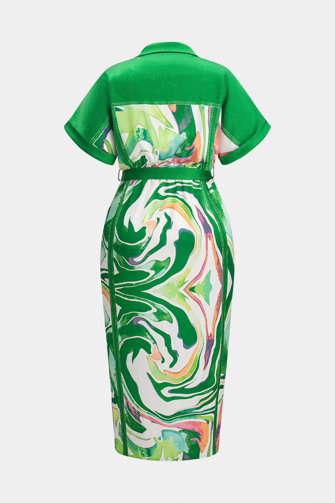 Plus Size Abstract Print Satin Tie Front Button Ruched Short Sleeve Midi Dress - Image 2