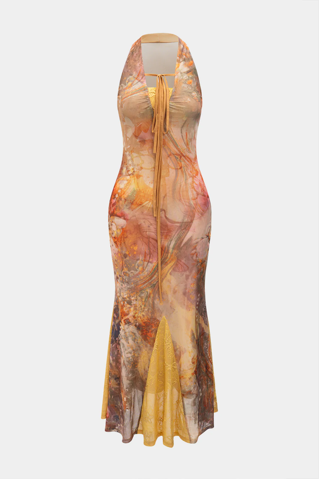 Artistic Print Halter Neck Tie-Up Sleeveless Dress
