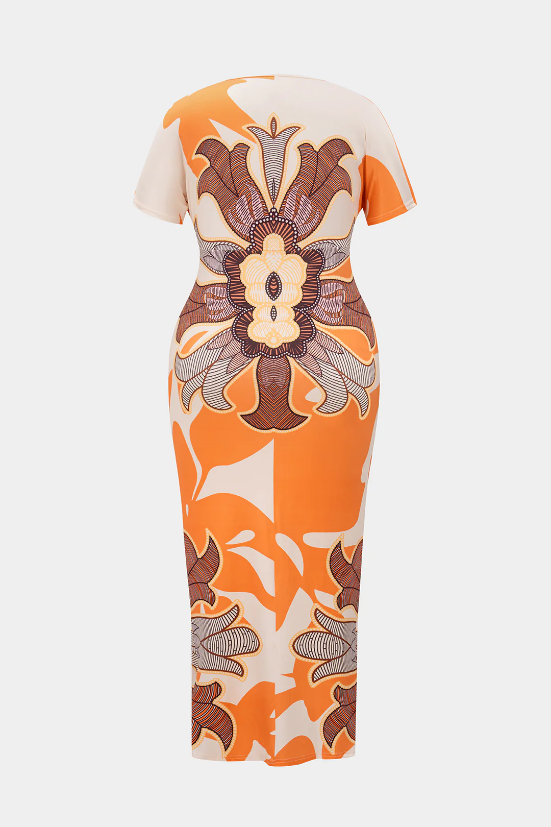 Plus Size Bohemian Print Ruched V-Neck Short Sleeve Slit Midi Dress - Image 2