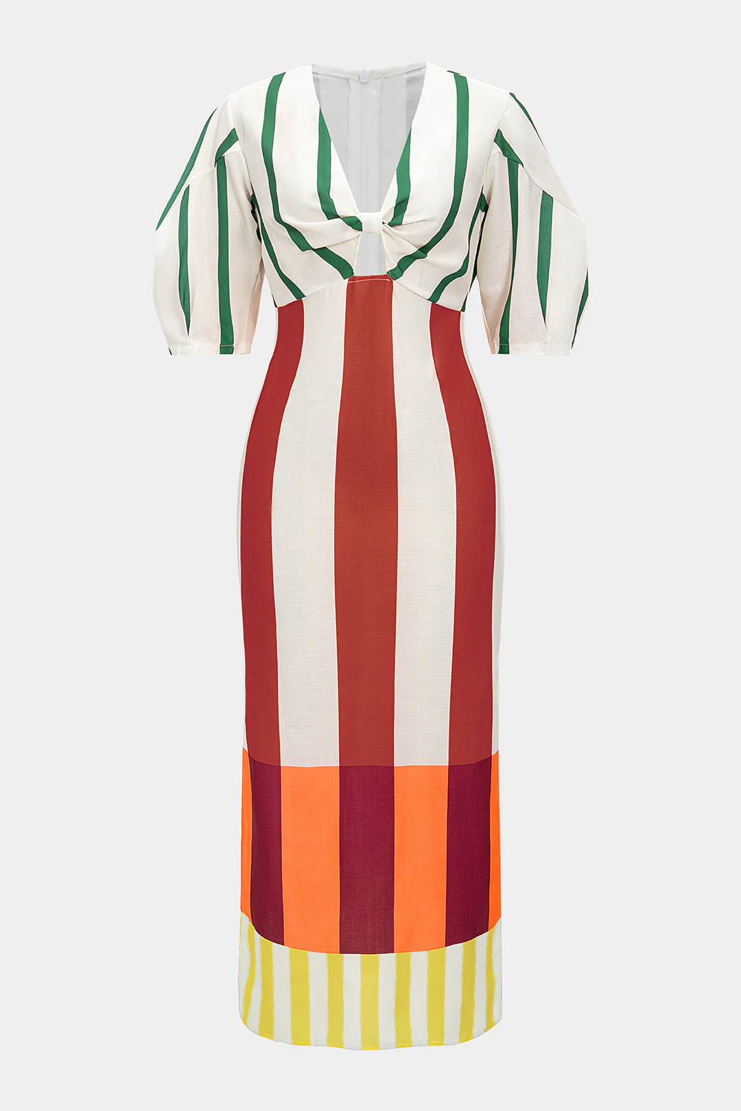 Stripes Print Linen Hollow Out Short Sleeve Midi Dress - Image 5