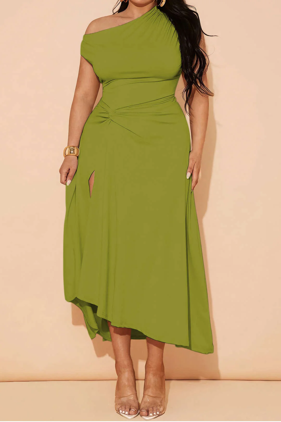 Plus Size Asymmetrical Sleeveless Ruched Midi Dress - Image 8