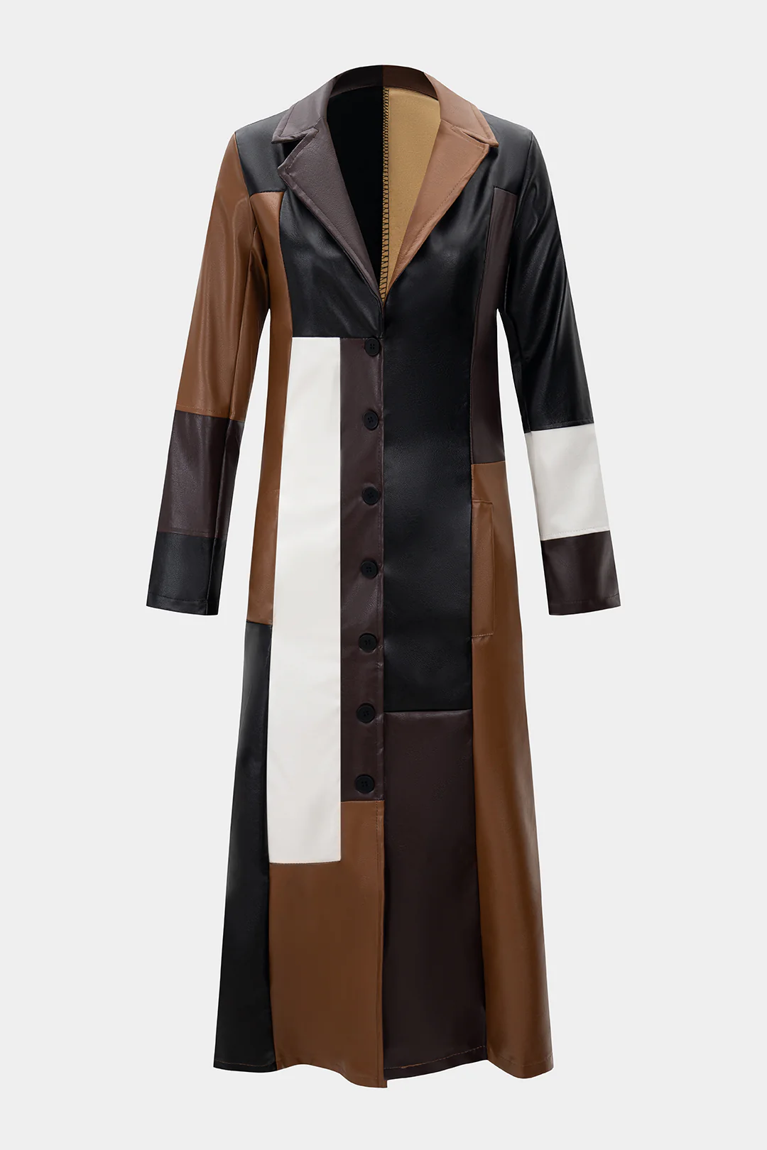 Faux Leather Contrast Notched Lapell Coat - Image 2